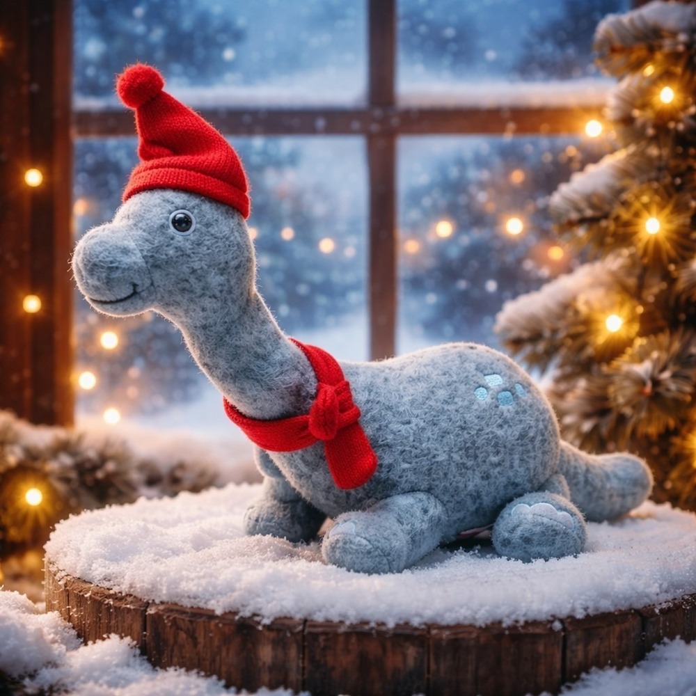 Hallmark Christmas Björn the Blue Brontosaurus Star in Mouth Red Hat Scarf Plush